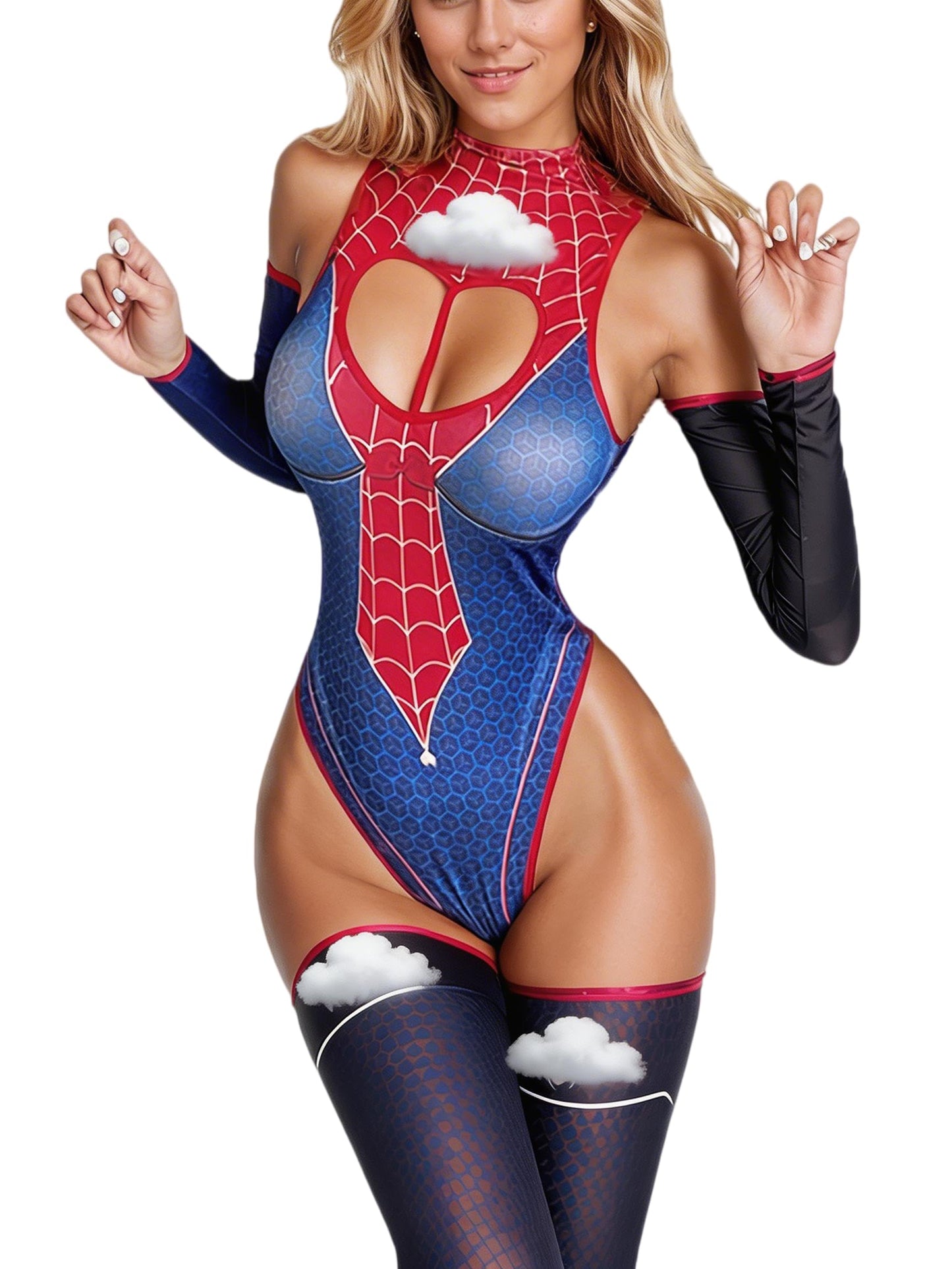 Women's Sexy Cutout Lingerie Set Cosplay Bodysuit 5 Piece with Stocking (Blue, Free Size)