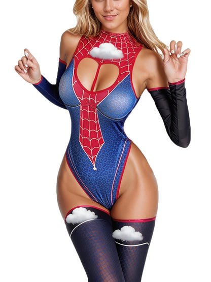 Women's Sexy Cutout Lingerie Set Cosplay Bodysuit 5 Piece with Stocking (Blue, Free Size)