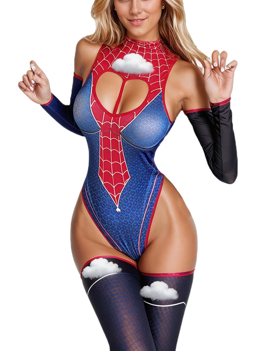 Women's Sexy Cutout Lingerie Set Cosplay Bodysuit 5 Piece with Stocking (Blue, Free Size)