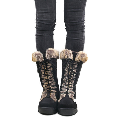 AUSLAND Women's Black Winter Snow Boots Twin Peaks Fur Cuff Mid-Calf Waterproof Lace Up Boots E7623 6US/37EU