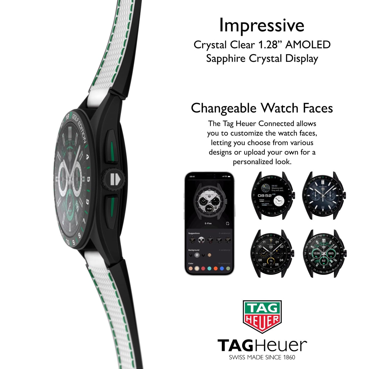 TAG Heuer Smart Watch, Fitness Watch, Connected Calibre E4 45 mm Golf Edition, Touch Screen, Waterproof, Calls, SMS, Steps, Heart Rate, Wellness, Titanium, White Or Black/Green Straps, SBR8A81.EB0251