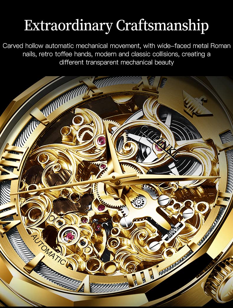 OUPINKE Men's Gold Skeleton Mechanical Luxury Wrist Watches