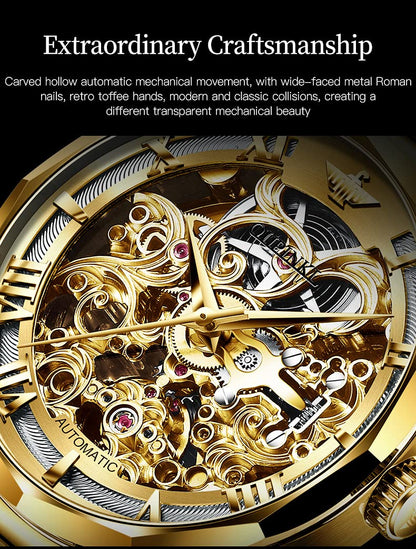 OUPINKE Men's Gold Skeleton Mechanical Luxury Wrist Watches