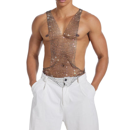 Mens Sexy Rhinestones Fishnet Tank Top, Deep V Neck Sparkly Sleeveless Muscle Shirt For Club Party (US, Alpha, One Size, Regular, Regular, Black)