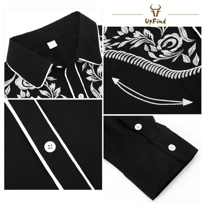 UpFind Western Shirts for Men Cowboy Shirts Long Sleeve Embroidered Country Shirt Slim Fit Button Down Shirt Casual Work Shirts Black
