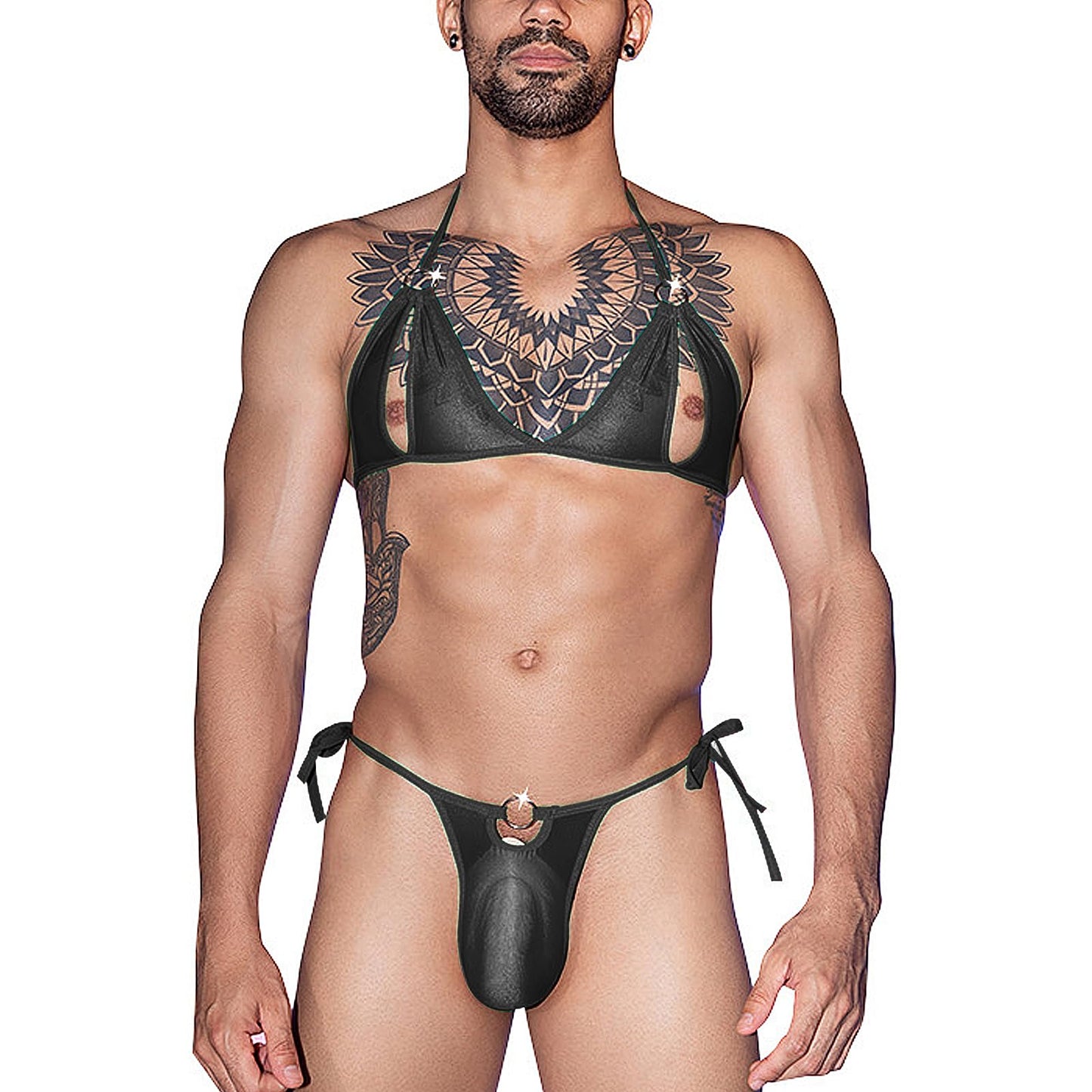 Men's Sissy Bikini Crossdressing Lingerie Set Sexy Bra Top with Low Rise Briefs Gay Underwear Pouch Panties Girly Nightwear Black