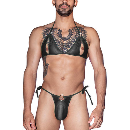 Men's Sissy Bikini Crossdressing Lingerie Set Sexy Bra Top with Low Rise Briefs Gay Underwear Pouch Panties Girly Nightwear Black