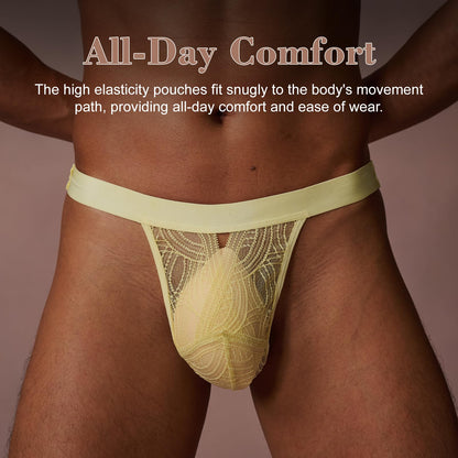 BSZN Men's Sexy Thong, Yellow Lace Detachable Chain Piercing Ring Bulge Pouch Mid Rise Sunny Wild Sexy Lingerie