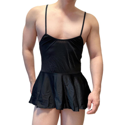 ABAFIP Men's Sexy Mini Dress Spaghetti Strap Scoop U Neck Backless Nightwear Sissy Lingerie Nightdress Black One Size