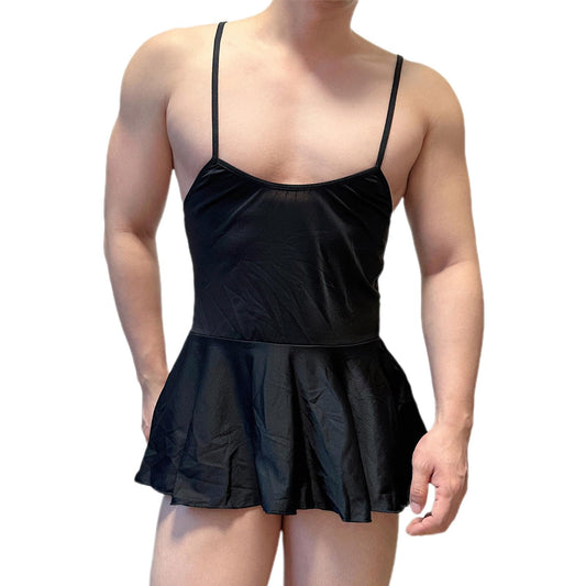 ABAFIP Men's Sexy Mini Dress Spaghetti Strap Scoop U Neck Backless Nightwear Sissy Lingerie Nightdress Black One Size