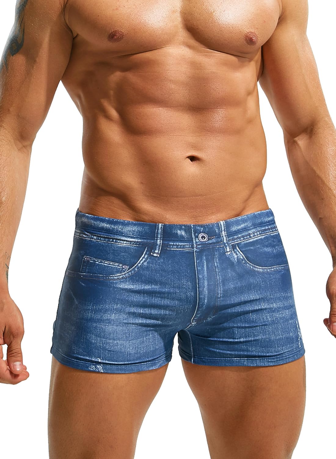 MIZOK Mens Denim Prints Swim Trunk Quick Dry Boxer Swimwear Square Leg Swimsuit Blue XL