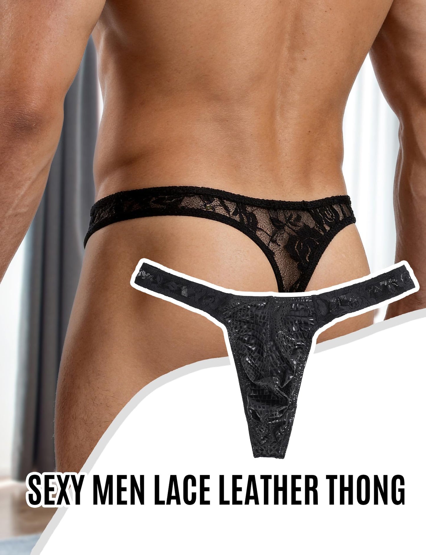 Men's G-String Thong Underwear Sexy Crocodile Print Pouch, Low Rise Lace Briefs Soft T-Back Lingerie Panties Black M