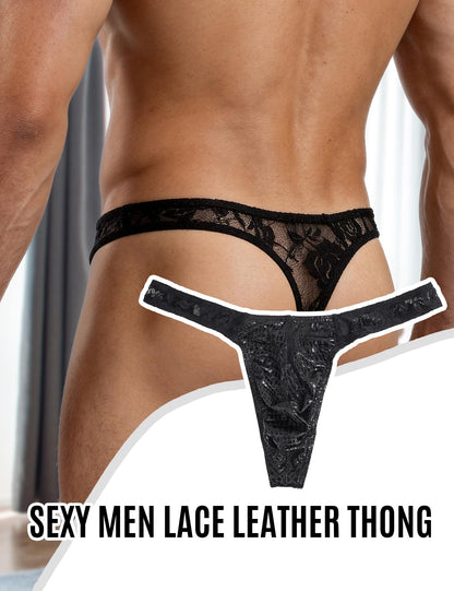 Men's G-String Thong Underwear Sexy Crocodile Print Pouch, Low Rise Lace Briefs Soft T-Back Lingerie Panties Black M