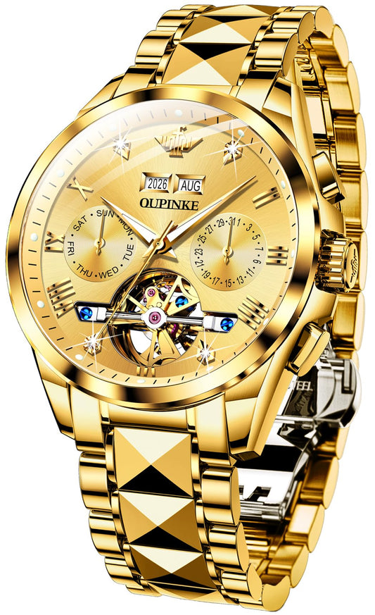 OUPINKE Mens Automatic Watches Diamond Skeleton Self Winding Luxury Dress Wrist Watch Sapphire Crystal Tungsten Steel