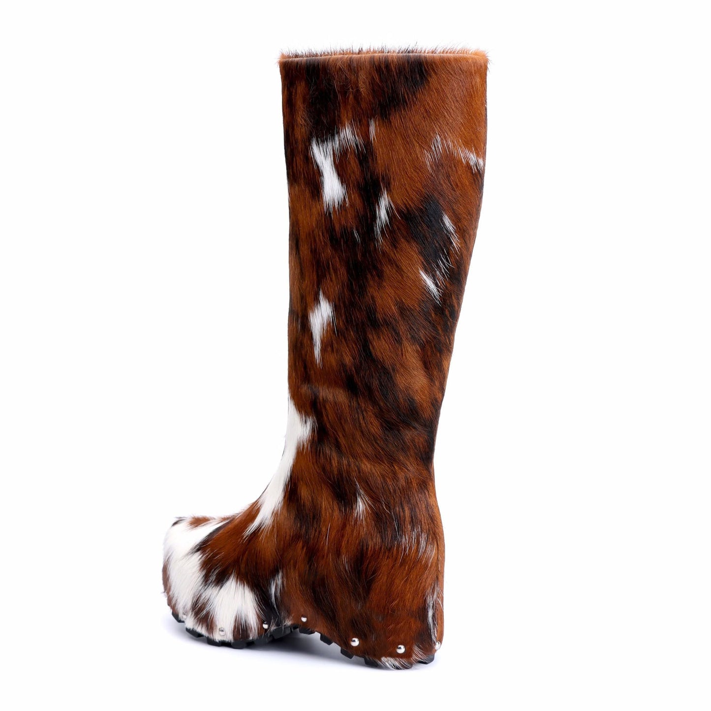 XOBZJH Women’s Wide Calf Cowgirl Boots – Handmade Knee-High Country Cowboy Winter Boots with Genuine Calf Hair, Shearling Lining & Platform Sole, Retro Western Style