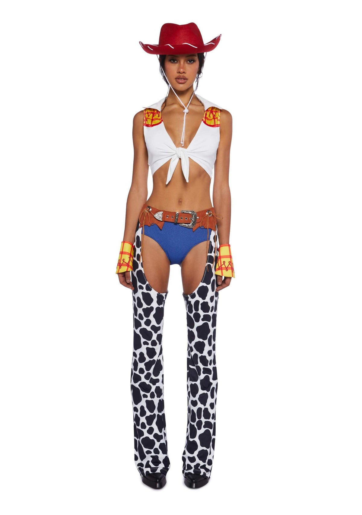 Dolls Kill Round ‘Em Up Cowgirl Doll Costume Set by Trickz N’ Treatz – Women’s Plaid Top with Cow Print Chaps,