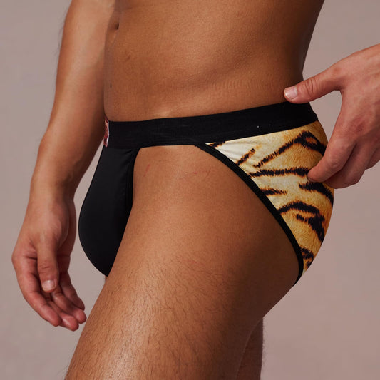BSZN Men's Sexy Briefs, Tiger Print Wild Sexy Men Underwear, Mid Rise High Cut Tight Fit Matte Moisture Wicking Sexy Lingerie from P-Wild Roar Collection