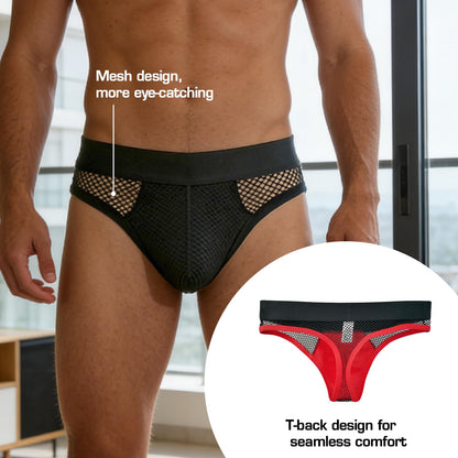BLESO Men's Sissy Fishnet Low Rise Sexy Thong Sexy Underwear Mesh Athletic Supporter(Black+Red-L)
