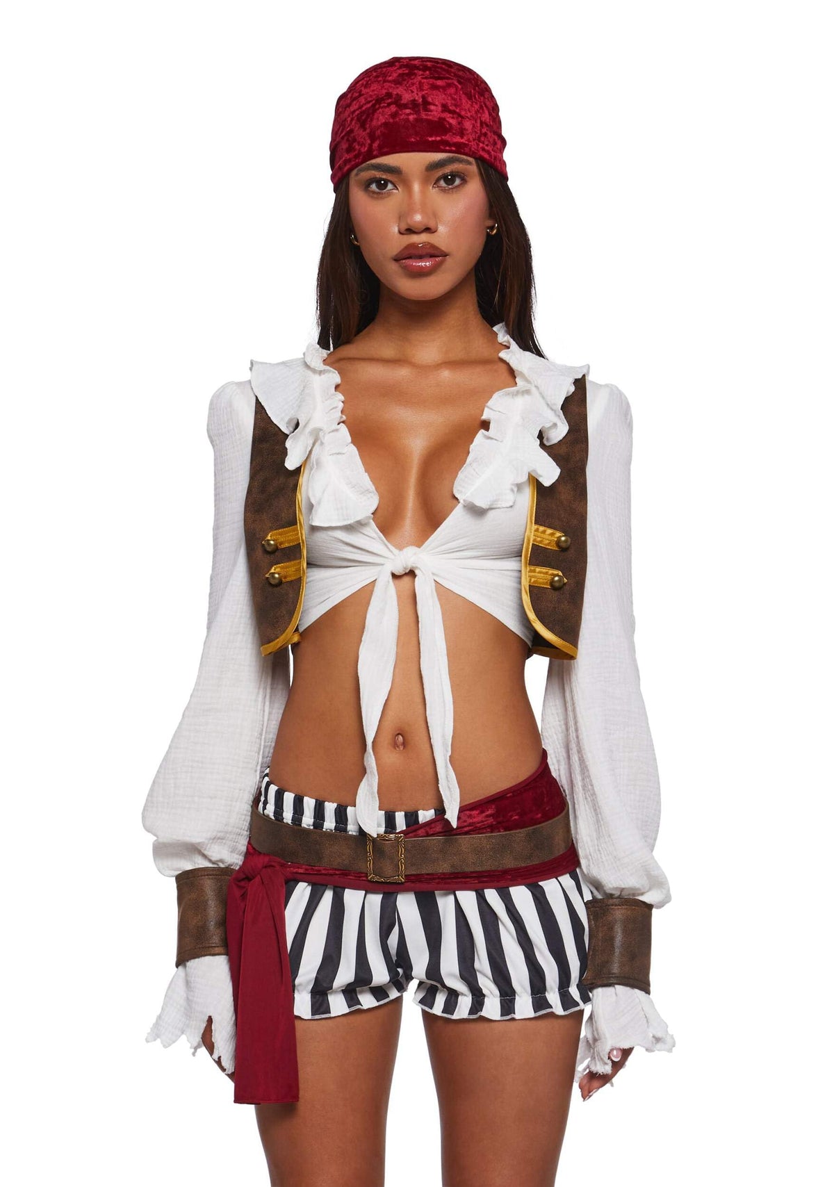 Dolls Kill Pirate Costume by Trickz N’ Treatz – Women’s Ruffled Crop Top with Vest, Striped Bloomers, Belt, Cuffs & Headscarf, X-Small
