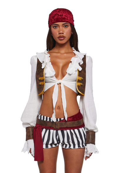 Dolls Kill Pirate Costume by Trickz N’ Treatz – Women’s Ruffled Crop Top with Vest, Striped Bloomers, Belt, Cuffs & Headscarf, X-Small