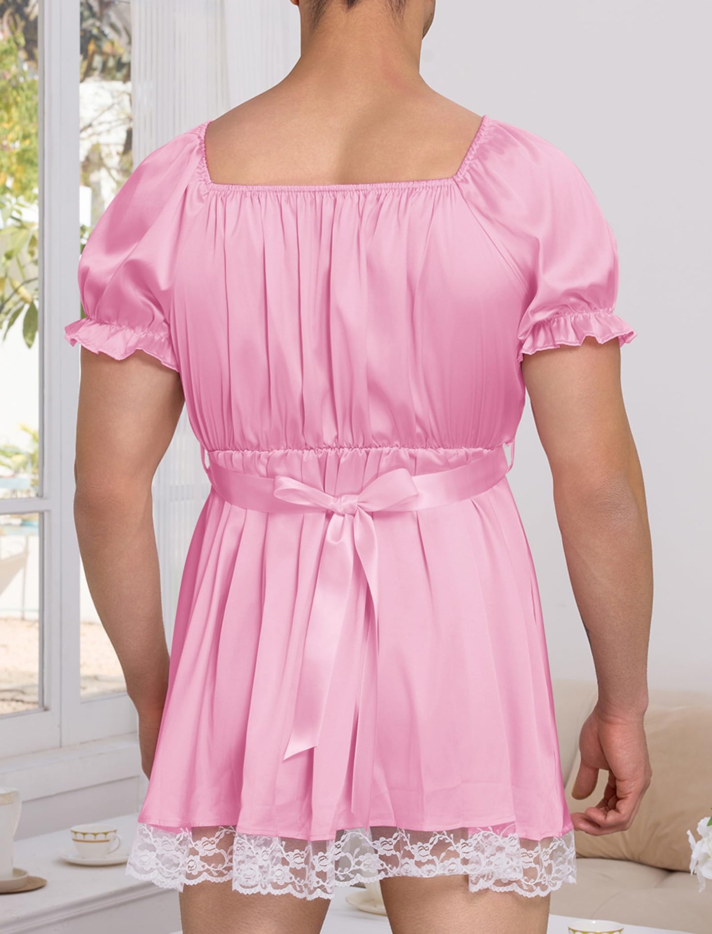 Sissy Mini Nightdress for Men Frilly Ruffle Square Neck Bowknot Lace Trim Satin Ruffle Nightdress Light Pink One Size