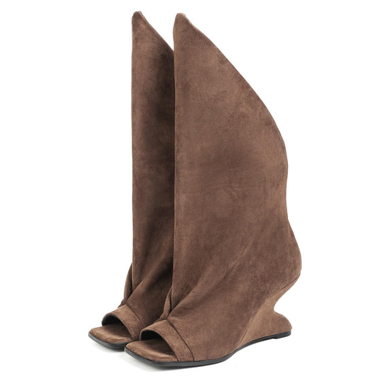 MEEYUS Women's Open Toe Wedge Boots Fold Over Knee High Pull On Tall Dress Boots Slouchy Peep Toe Wedge Heel Booties, Brown Suede, 7
