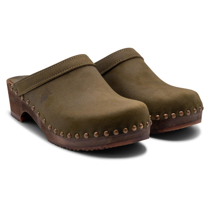 Sandgrens Handmade Swedish Wood Clogs for Women, Low Heel Mule US 9 | Athens Olive Nubuck DK, EU 40