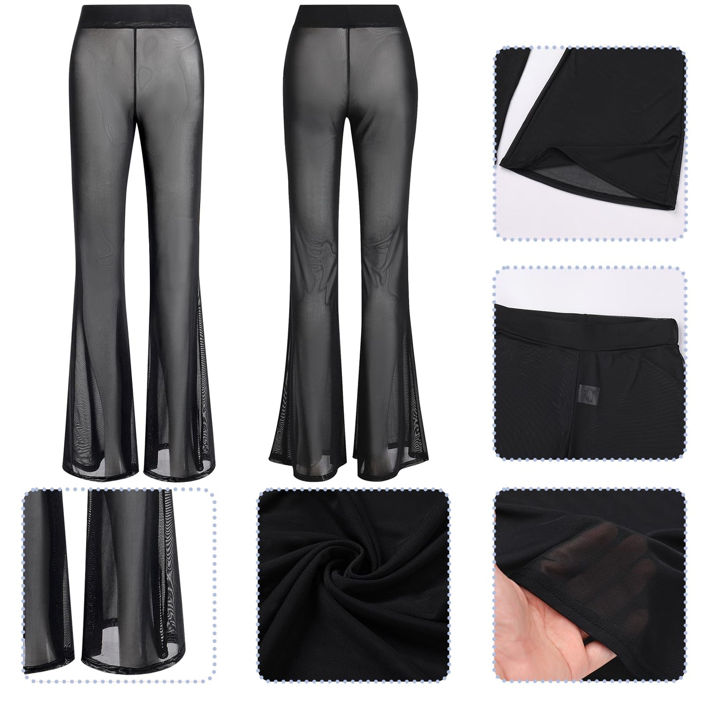 Festival Outfit Damen Rave Techno Sexy Durchsichtiges Transparent Mesh High Waist Schlaghose Lang Weite Hose Y2K Glitzer Pailletten Gothic Frauen Teenager Mädchen Party Clubwear Schwarz-B S