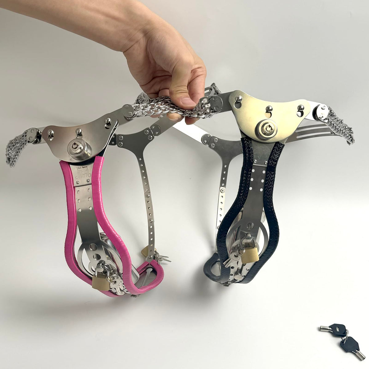 Male Adjustable Chastity Belt with Hole Push-Lock Design Removable Cage Dual Adjustable Waist and Crotch Stainless Steel Adult Sex Toy SM Invisible Underwear (Pink 87-122cm)