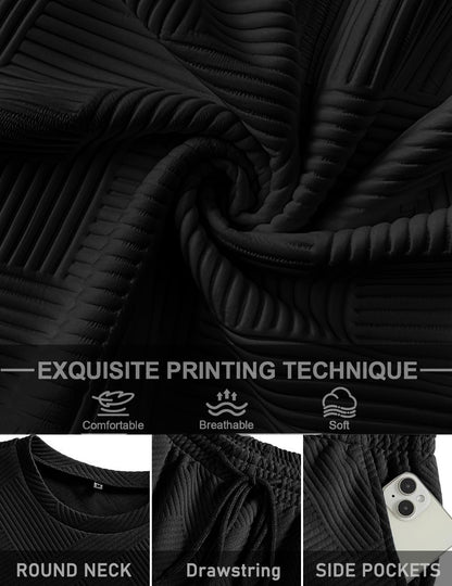 FcuteL Mens Track Suits 2 Piece Set T Shirts Shorts Sets Fashion Retro Textured Sweatsuit Vacation Cruise Outfits Black L