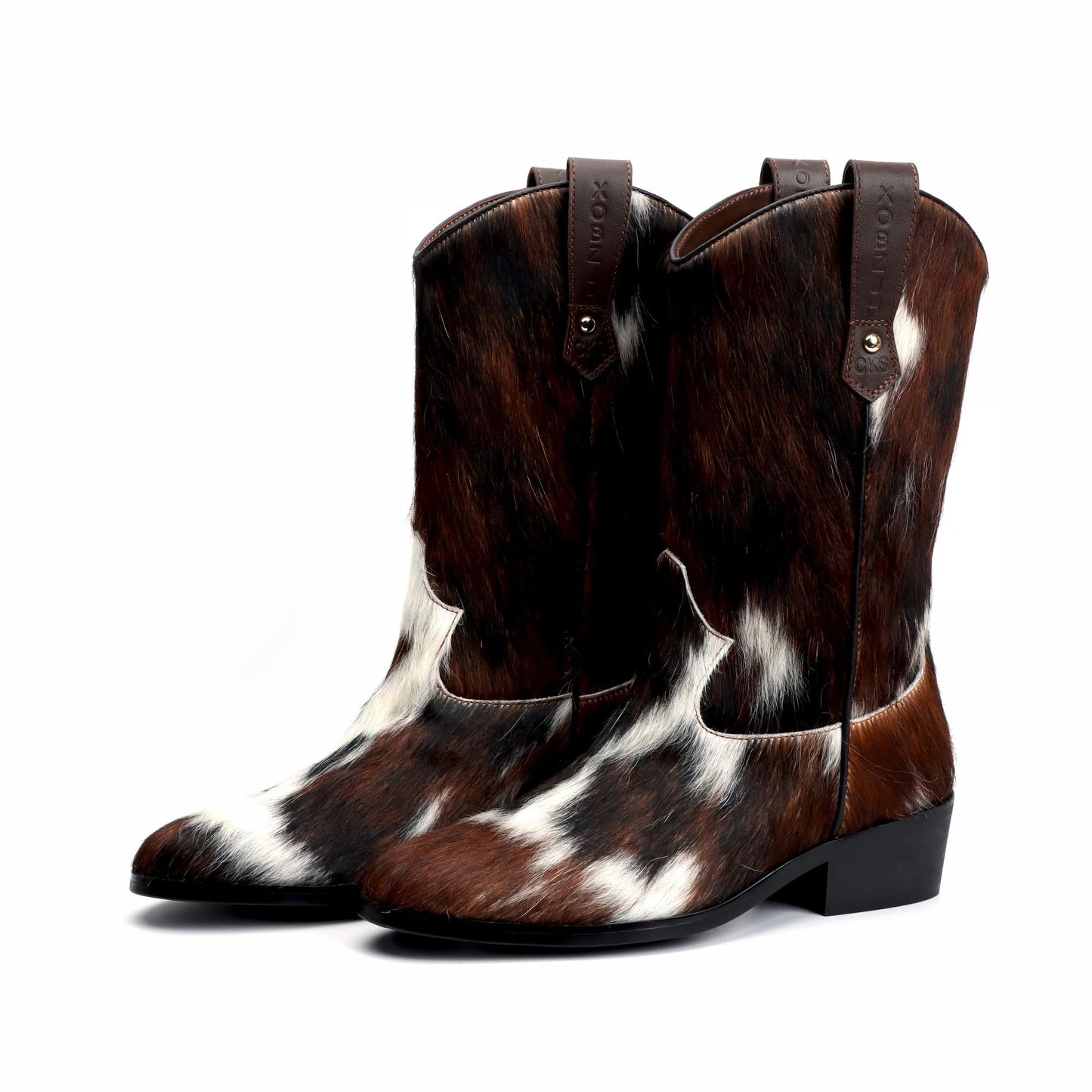 XOBZJH Women's Western Cowboy Boots – Genuine Tricolor Cowhide Leather Tall Cowgirl Boots, Mid-Calf Western Brown Boots for Women, Festival & Fall Fashion