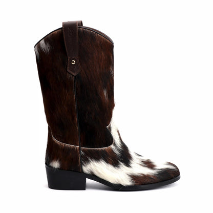 XOBZJH Women's Western Cowboy Boots – Genuine Tricolor Cowhide Leather Tall Cowgirl Boots, Mid-Calf Western Brown Boots for Women, Festival & Fall Fashion