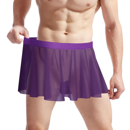 Men’s Mesh Skirt Sexy Sheer Mini Skirt Cross-Dressing Sissy Tulle Lingerie See Through Skirt Nightwear Gay Underwear Purple