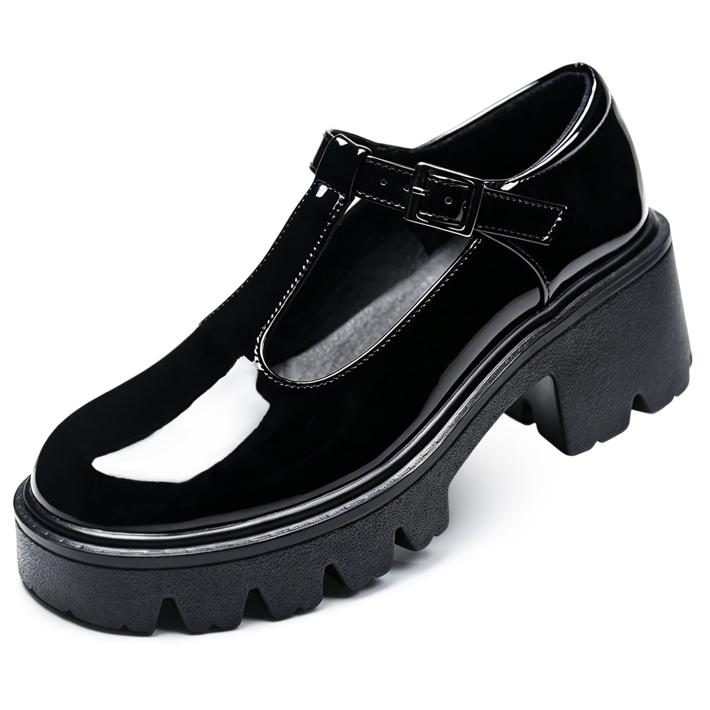 SHOOVA Black T-Strap Mary Jane Shoes for Women, Round Toe Block Heel Platform Patent Leather Dress Pumps