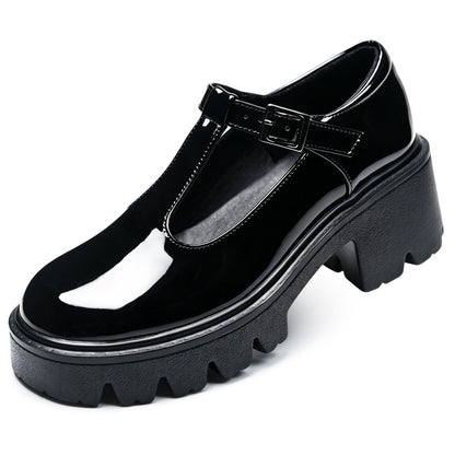 SHOOVA Black T-Strap Mary Jane Shoes for Women, Round Toe Block Heel Platform Patent Leather Dress Pumps