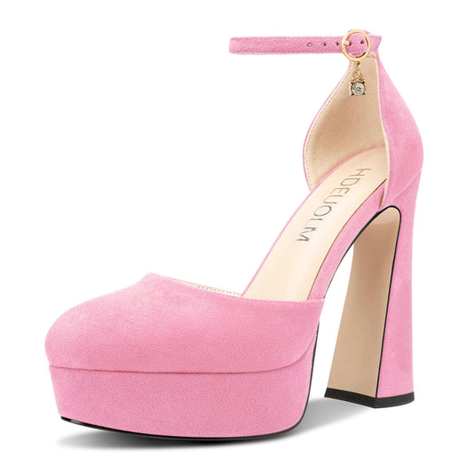 Womens Chunky Block High Platform Heel Round Toe Closed Toe Pumps Two-Piece Ankle Strap Buckle Party Cute 5.3 Inches Heels Pink 9.5 M US