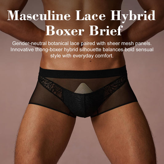 BSZN Men's Sexy Boxer Briefs, Black Plant Vein Lace Mesh Patchwork