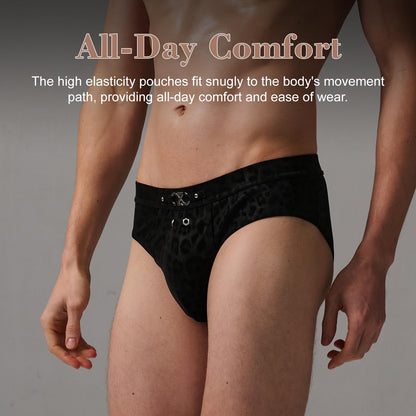 BSZN Men's Sexy Briefs, Black Leopard Print Punk Style Detachable Logo Rivet Eyelet DIY Mid Rise Stretch Sexy Lingerie from D-Dangerous Game Collection