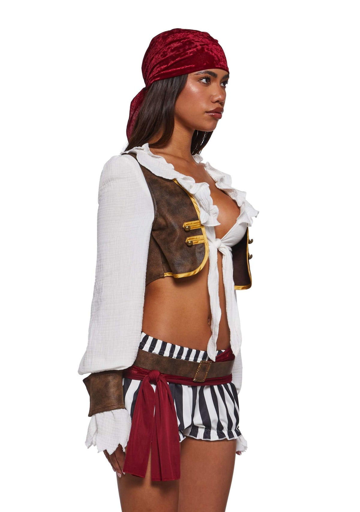 Dolls Kill Pirate Costume by Trickz N’ Treatz – Women’s Ruffled Crop Top with Vest, Striped Bloomers, Belt, Cuffs & Headscarf, X-Small