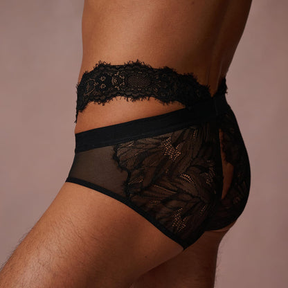 BSZN Black Men's Eyelash Lace Briefs, Double Waistband Back Cutout Underwear, Mid Rise Sheer Lace Patchwork Panties for Men