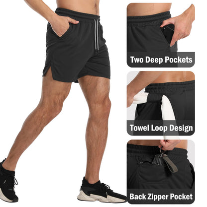 Aolesy Men's Gym Workout Shorts 5 Inch Lightweight Bodybuilding Athletic Shorts Running Training with Zipper Pockets & Towel Loop Black