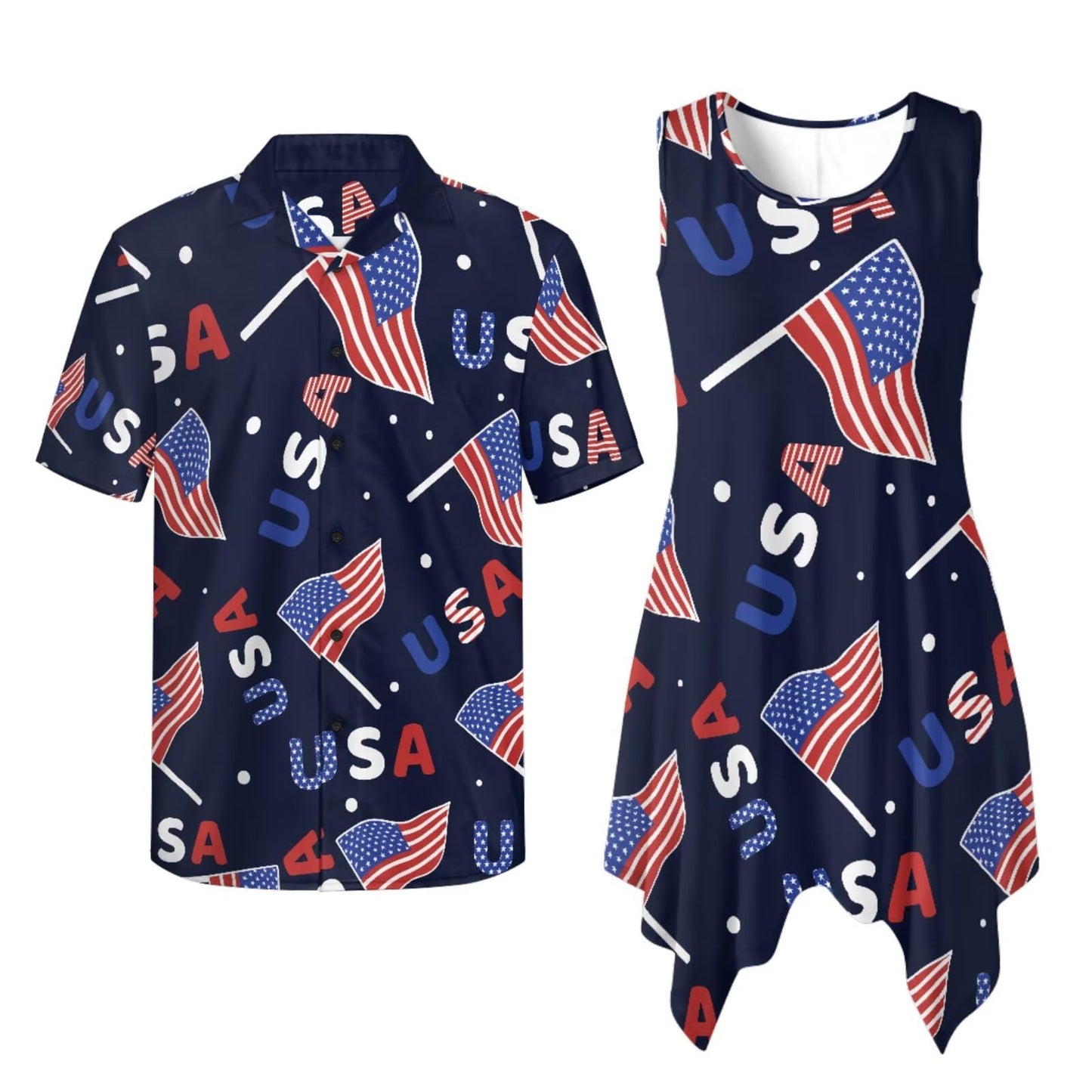 TOADDITDO American Flag Flag Couple Matching Outfit Patriotic Sleeveless Dress with Pockets,Men’s Shirts Short Sleeve Buttons Shirts or Tunic Sundress for 4th of July Costume