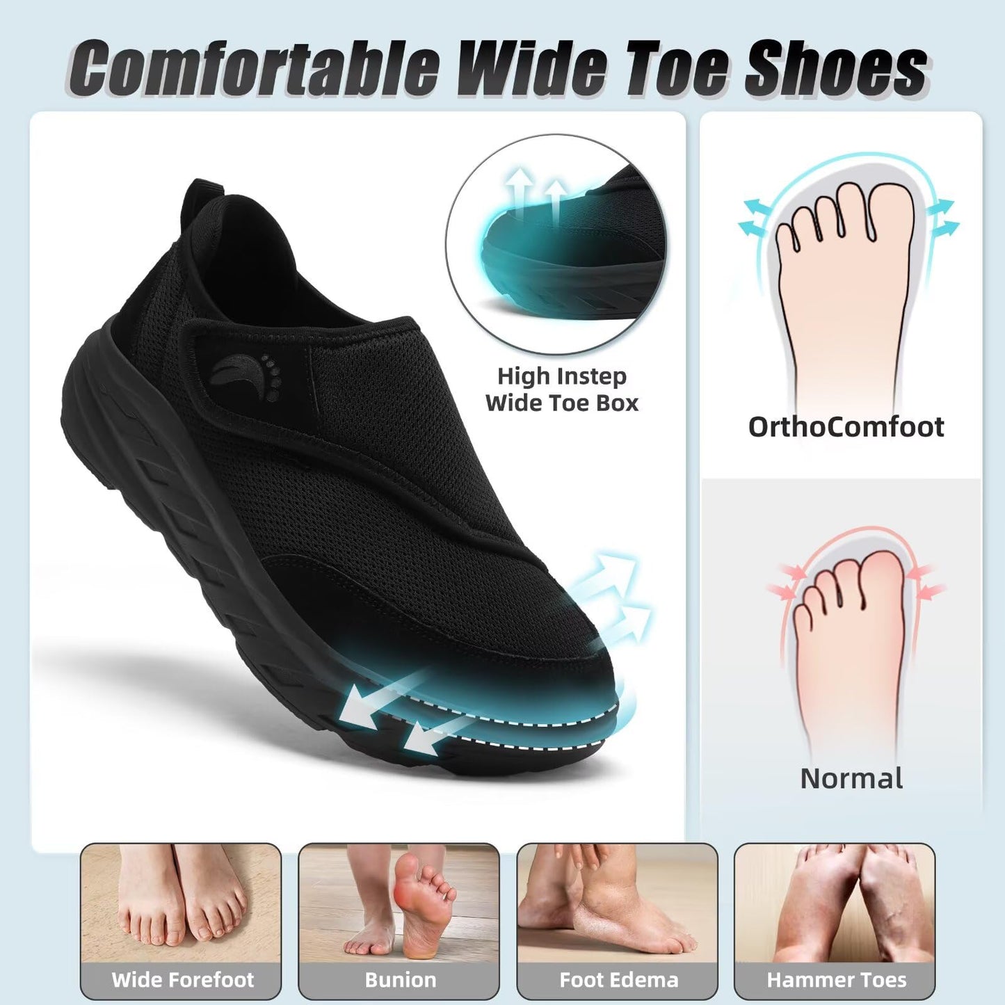 Men's Orthopedic Diabetic Extra Wide Walking Shoes: Stylish Fit Arch Support Neuropathy Orthotics Flat Feet Sneakers, Plantar Fasciitis Standing Driving Breathable Slip On Loafers Black Size 11