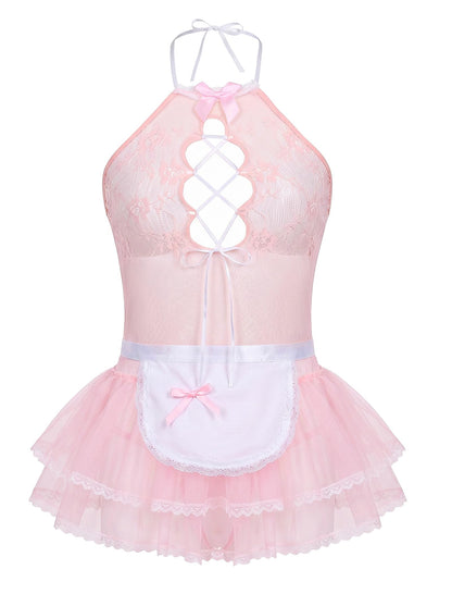 Men's Crossdressing Lingerie Dress Maid Outfit set Pink Medium