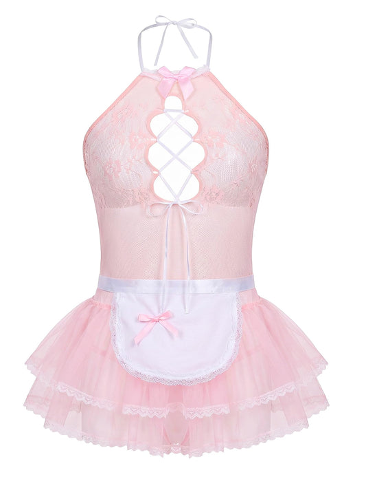 Men's Crossdressing Lingerie Dress Maid Outfit set Pink Medium