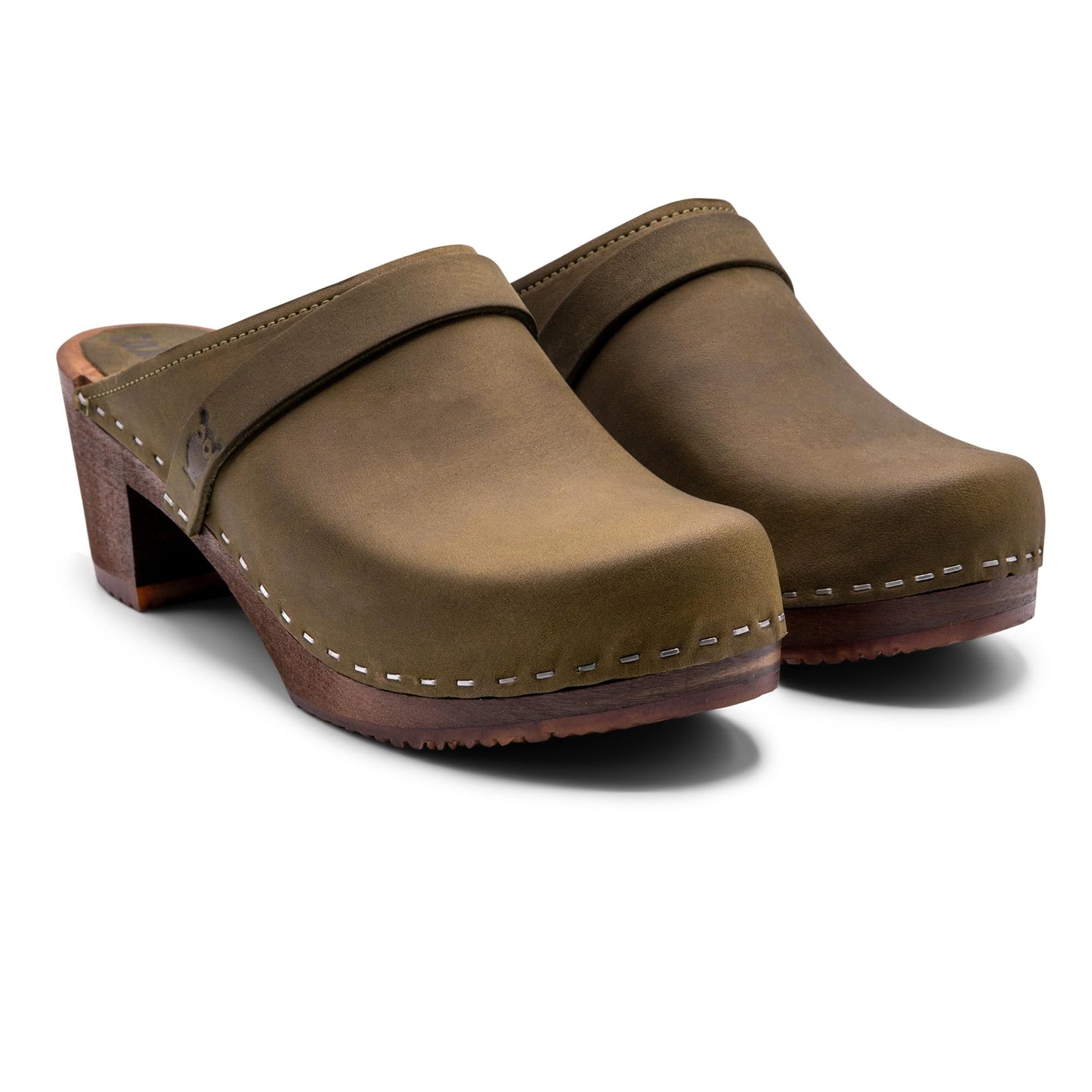 Sandgrens Handmade Swedish Wood Clogs for Women, High Heel Mule US 11 | Dublin Olive Nubuck DK, EU 42