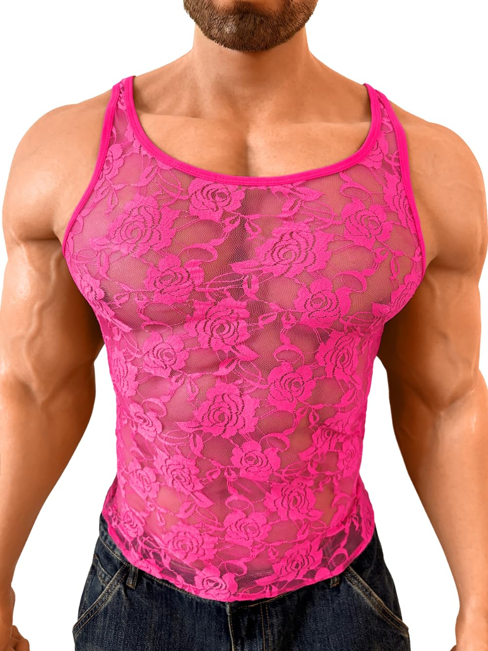 Men Sexy Lace Tank Top, Sheer Mesh Shirt Sissy Clothes Hot Pink M