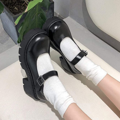 Women's Platform Mary Janes Chunky Heel Ankle Strap Uniform Dress Shoes Heeled Gothic Lolita Oxfords (7.5, Single Strap-Matt Black)