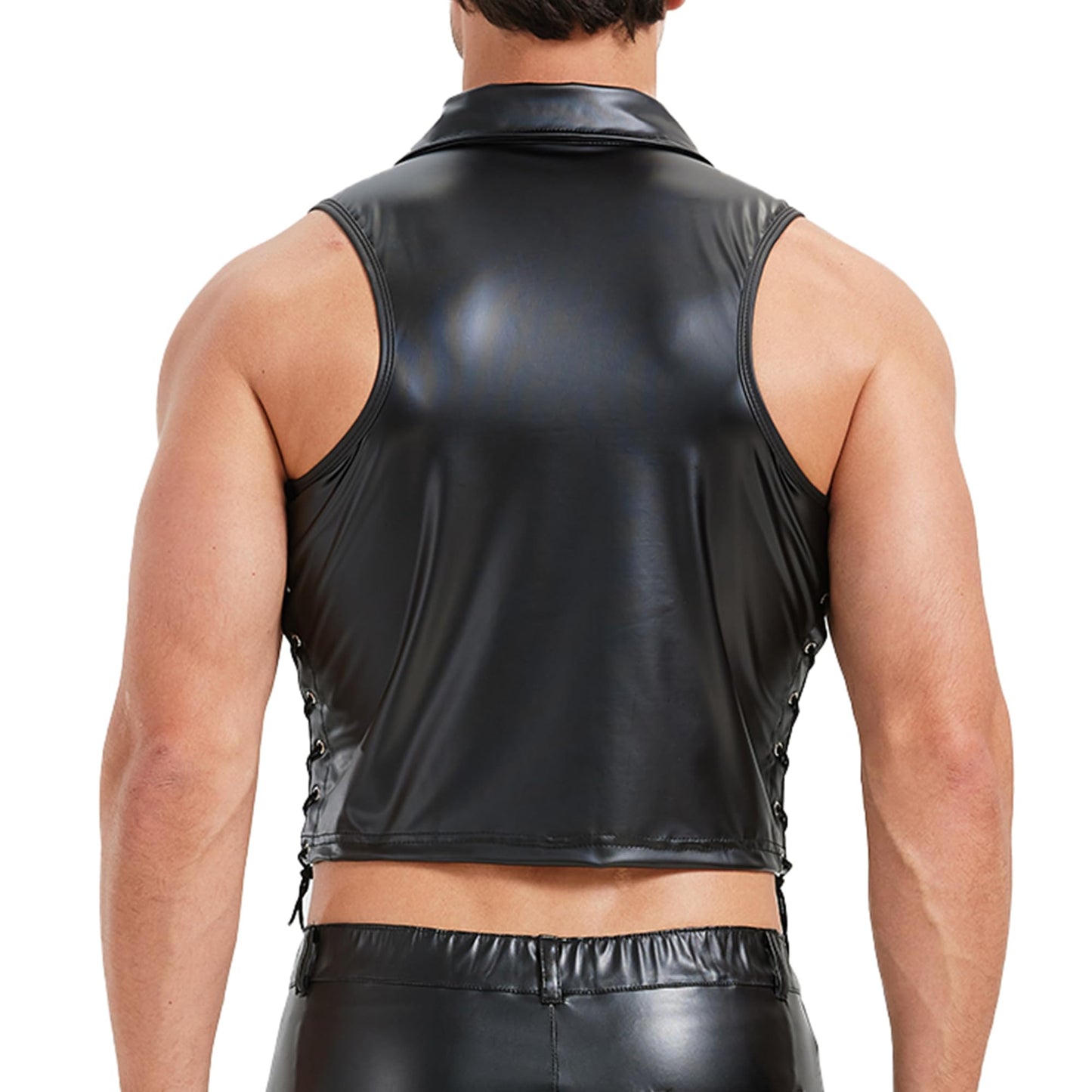 YUFEIDA Men's Faux Leather Undershirts Button Laceup Sleeveless Tank Tops Muscle Fit Waistcoat Tops Fashion Undershirts