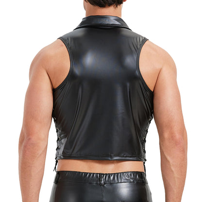 YUFEIDA Men's Faux Leather Undershirts Button Laceup Sleeveless Tank Tops Muscle Fit Waistcoat Tops Fashion Undershirts